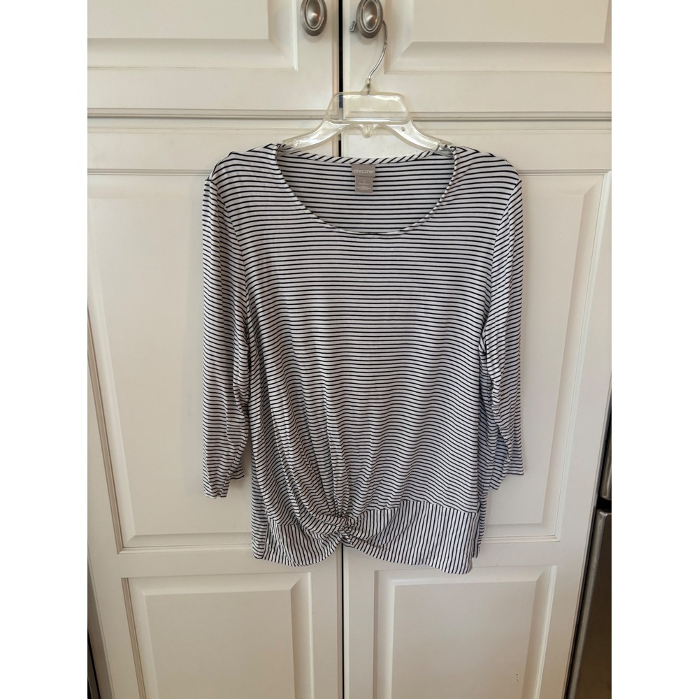 Chico's Striped Twist Front Knot Top Black White‎ 3/4 Sleeve Size 3 XL